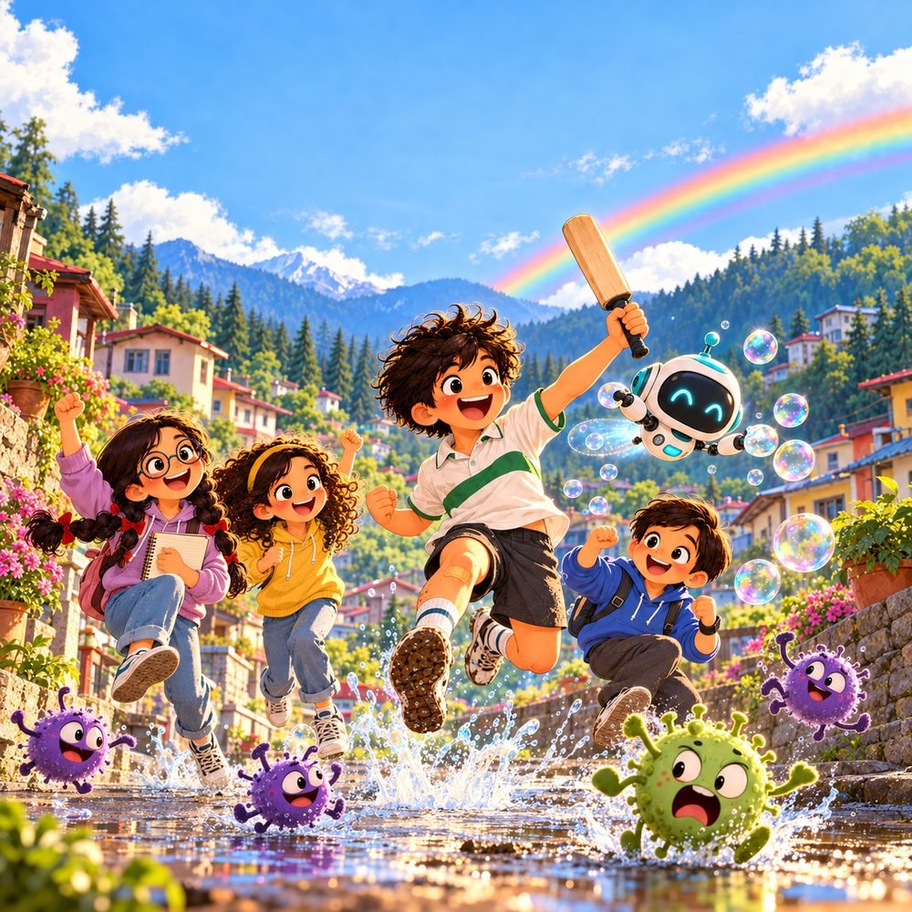 Kabir, Tara, Zoya and Aarav leap through a sunny hill lane under a rainbow while Pixel the robot zooms past and cheeky germs run from soap bubbles